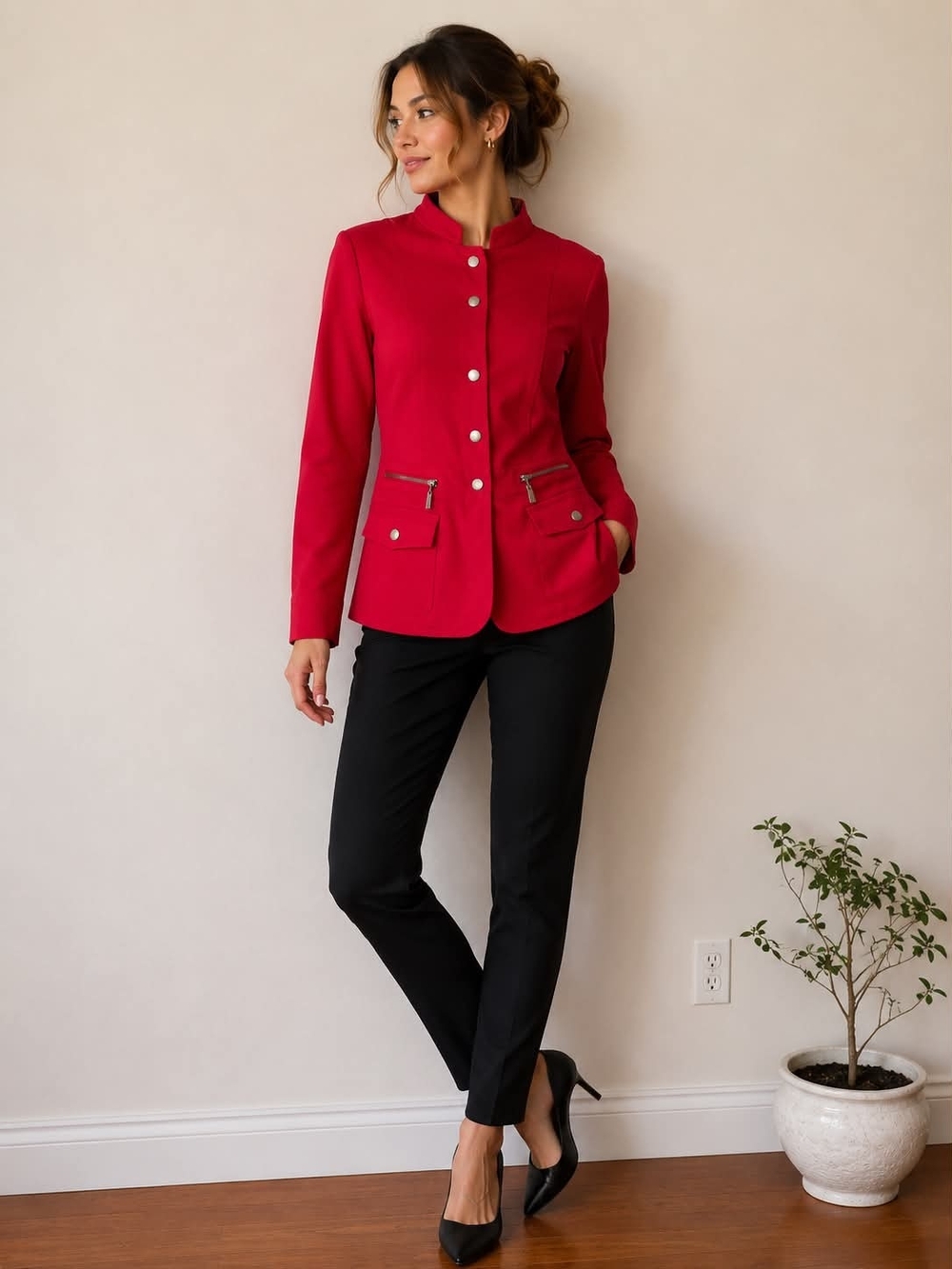 Women's Crimson Stand-Collar Button Jacket - Picture 1 of 7